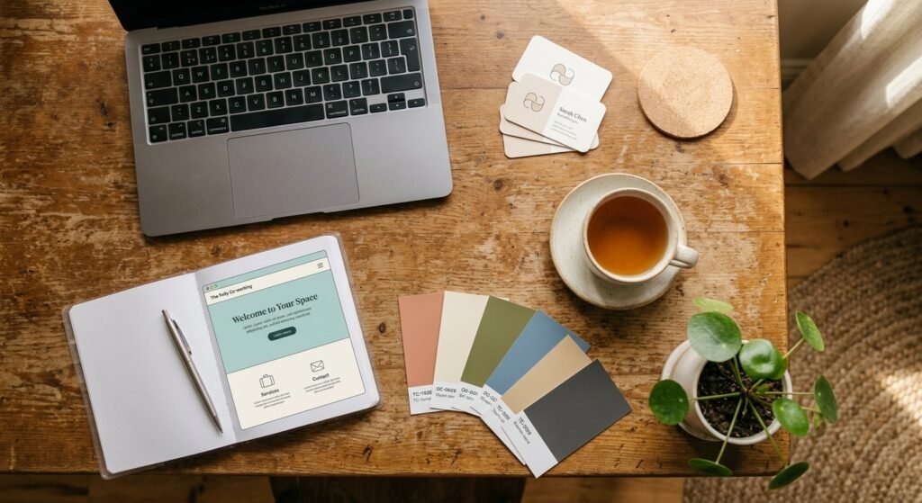 Flat-lay of branding materials including a laptop, color swatches, and notebook for a service-based business owner.