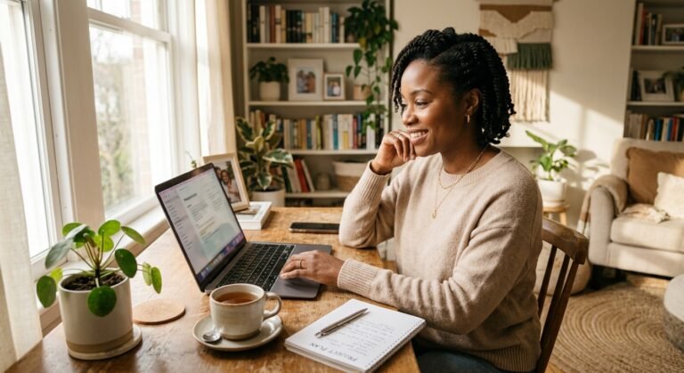 Stay-at-home mum working on her laptop at a cozy home desk, building her freelance business.